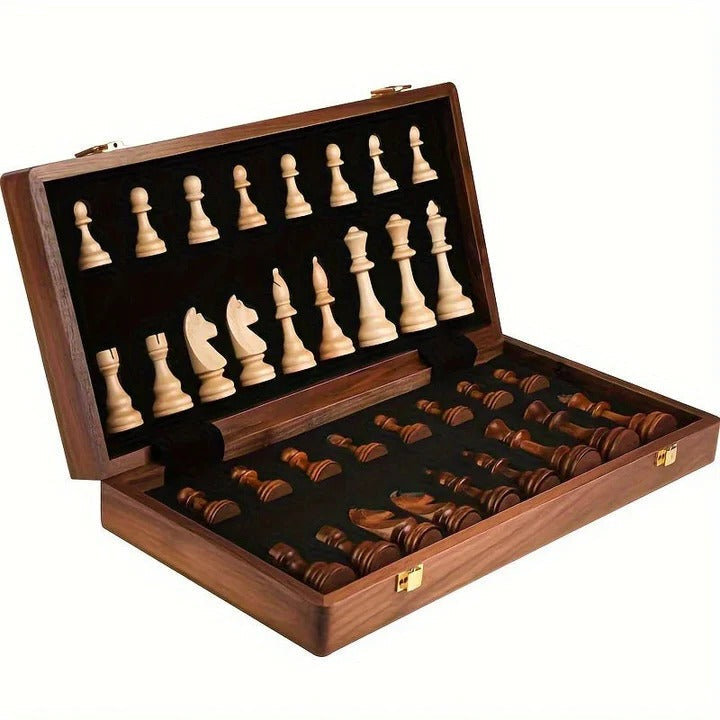Magnetic Folding Chess Set with Hand-Carved Wood Pieces and Internal Storage, 15 Inch Board