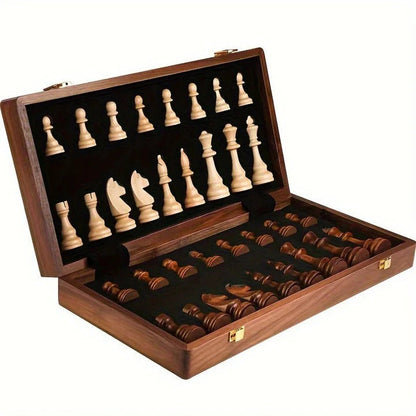 Magnetic Folding Chess Set with Hand-Carved Wood Pieces and Internal Storage, 15 Inch Board