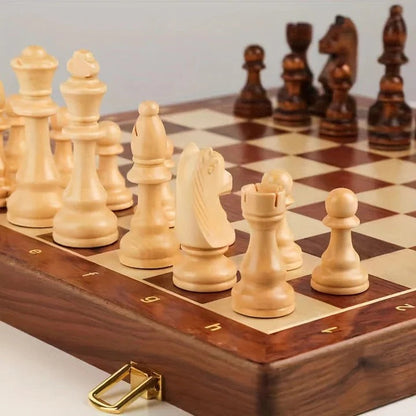 Magnetic Folding Chess Set with Hand-Carved Wood Pieces and Internal Storage, 15 Inch Board