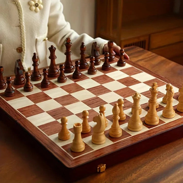 Magnetic Folding Chess Set with Hand-Carved Wood Pieces and Internal Storage, 15 Inch Board