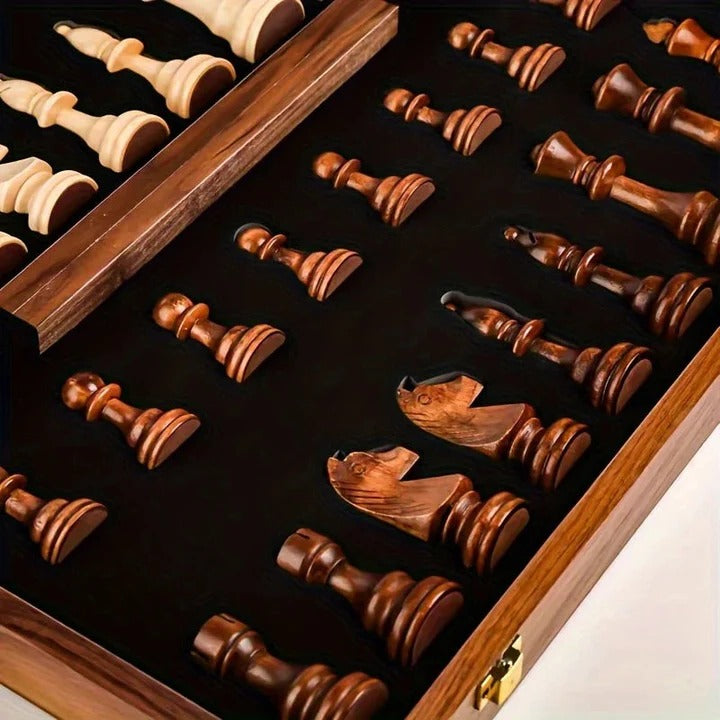 Magnetic Folding Chess Set with Hand-Carved Wood Pieces and Internal Storage, 15 Inch Board