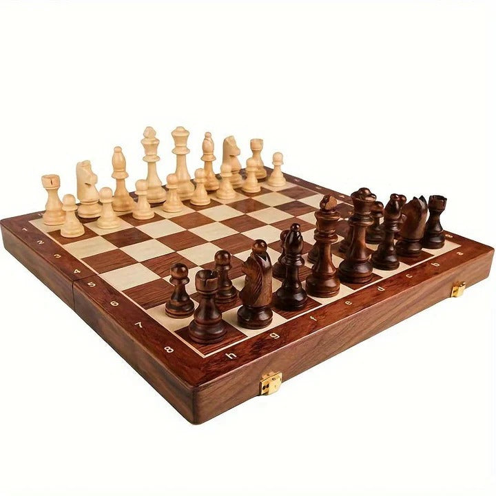 Magnetic Folding Chess Set with Hand-Carved Wood Pieces and Internal Storage, 15 Inch Board