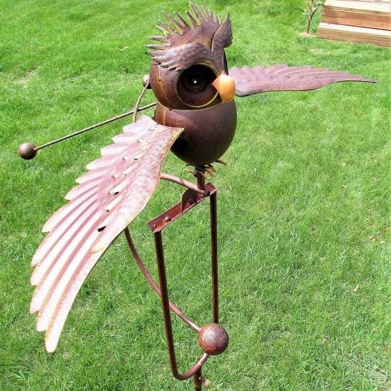Wind-Powered Metal Garden Sculpture with Flapping Wings and Stake