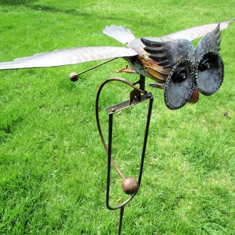 Wind-Powered Metal Garden Sculpture with Flapping Wings and Stake