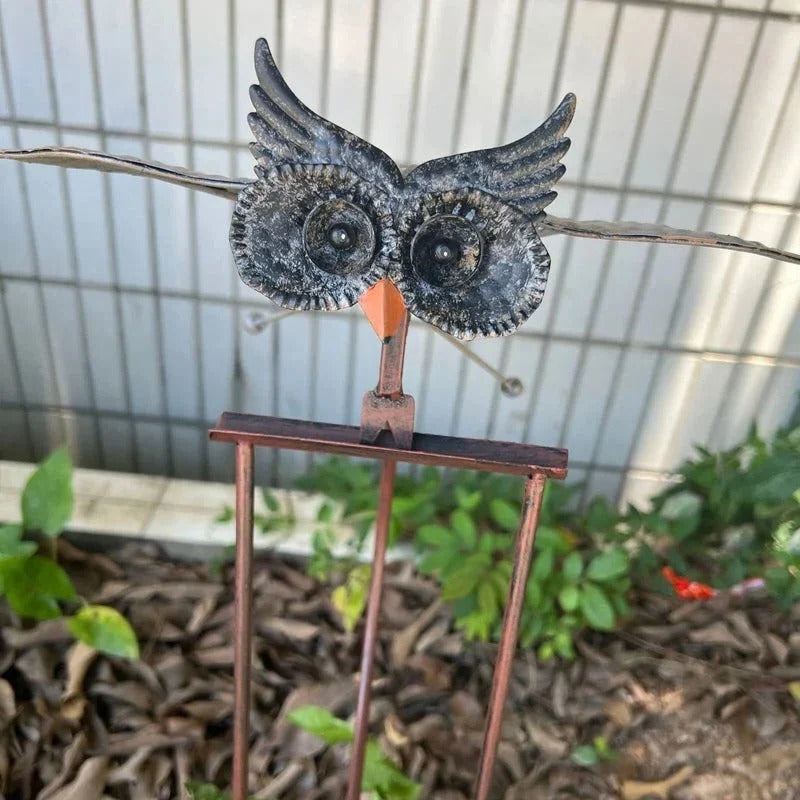 Wind-Powered Metal Garden Sculpture with Flapping Wings and Stake
