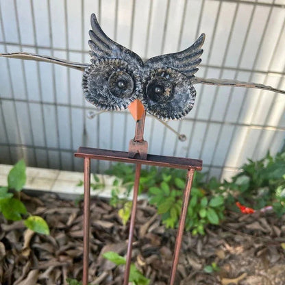 Wind-Powered Metal Garden Sculpture with Flapping Wings and Stake