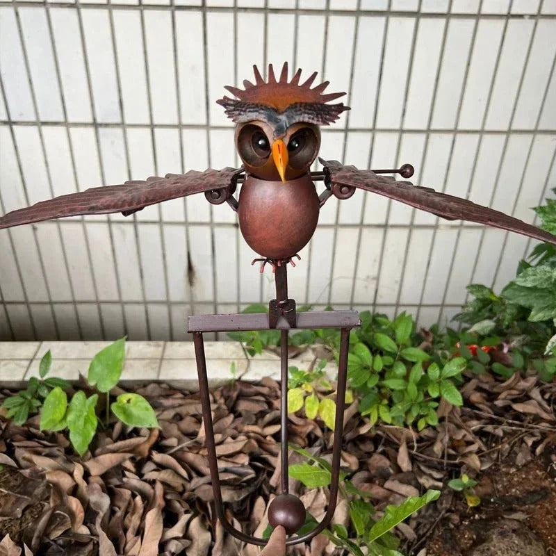Wind-Powered Metal Garden Sculpture with Flapping Wings and Stake