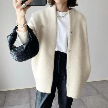 Relaxed Fit Cardigan with Plush Fabric and Open Front Design for Women