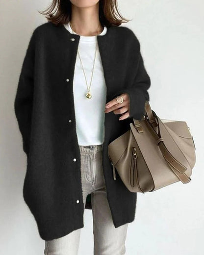 Relaxed Fit Cardigan with Plush Fabric and Open Front Design for Women