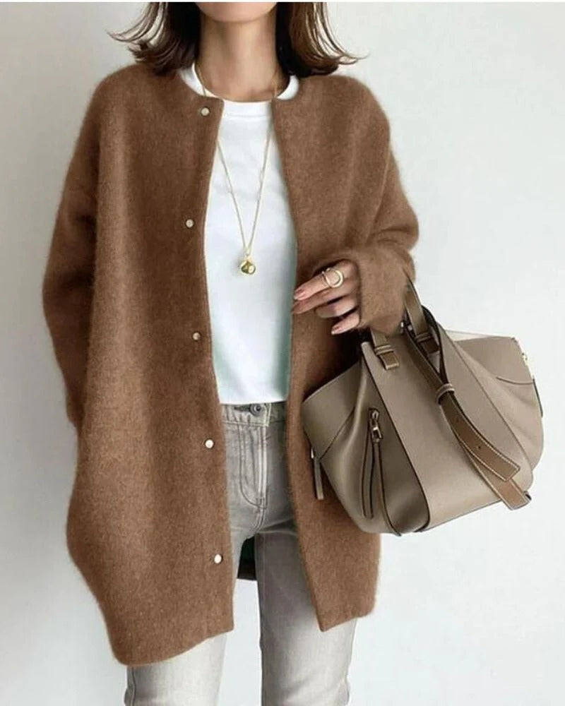 Relaxed Fit Cardigan with Plush Fabric and Open Front Design for Women