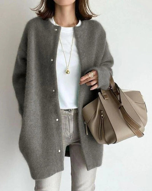 Relaxed Fit Cardigan with Plush Fabric and Open Front Design for Women
