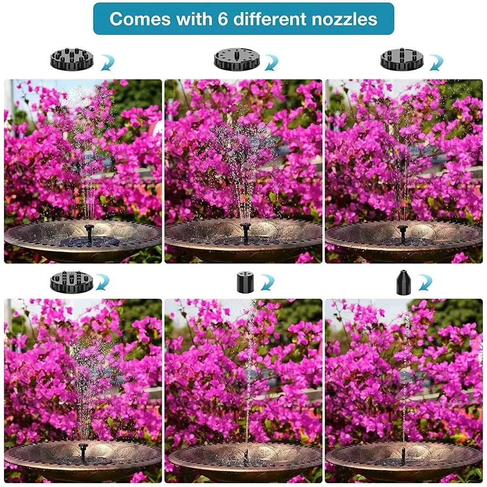 Solar Fountain Pump with Six Interchangeable Nozzles and Floating Design for Bird Baths