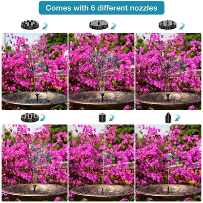 Solar Fountain Pump with Six Interchangeable Nozzles and Floating Design for Bird Baths