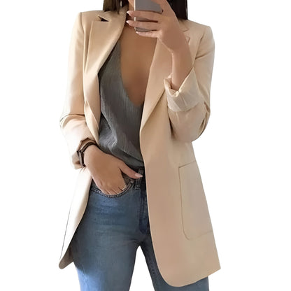 Hip-Length Open Front Wool Blazer Jacket