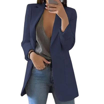 Hip-Length Open Front Wool Blazer Jacket