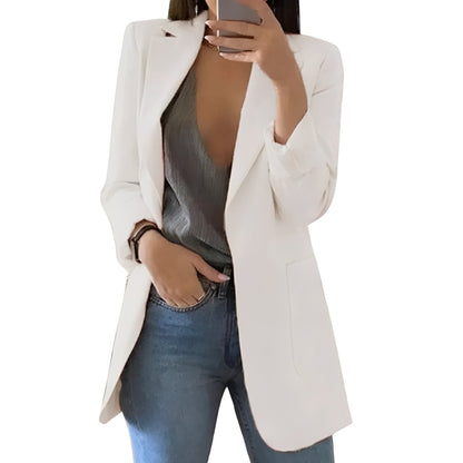 Hip-Length Open Front Wool Blazer Jacket