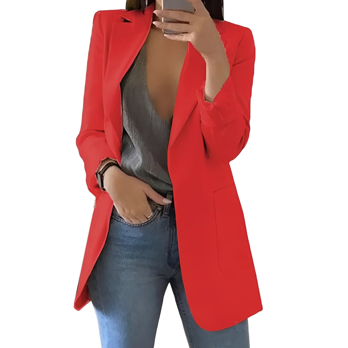 Hip-Length Open Front Wool Blazer Jacket