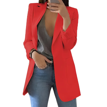 Hip-Length Open Front Wool Blazer Jacket