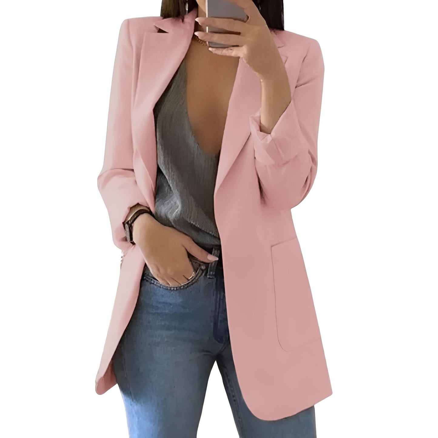 Hip-Length Open Front Wool Blazer Jacket