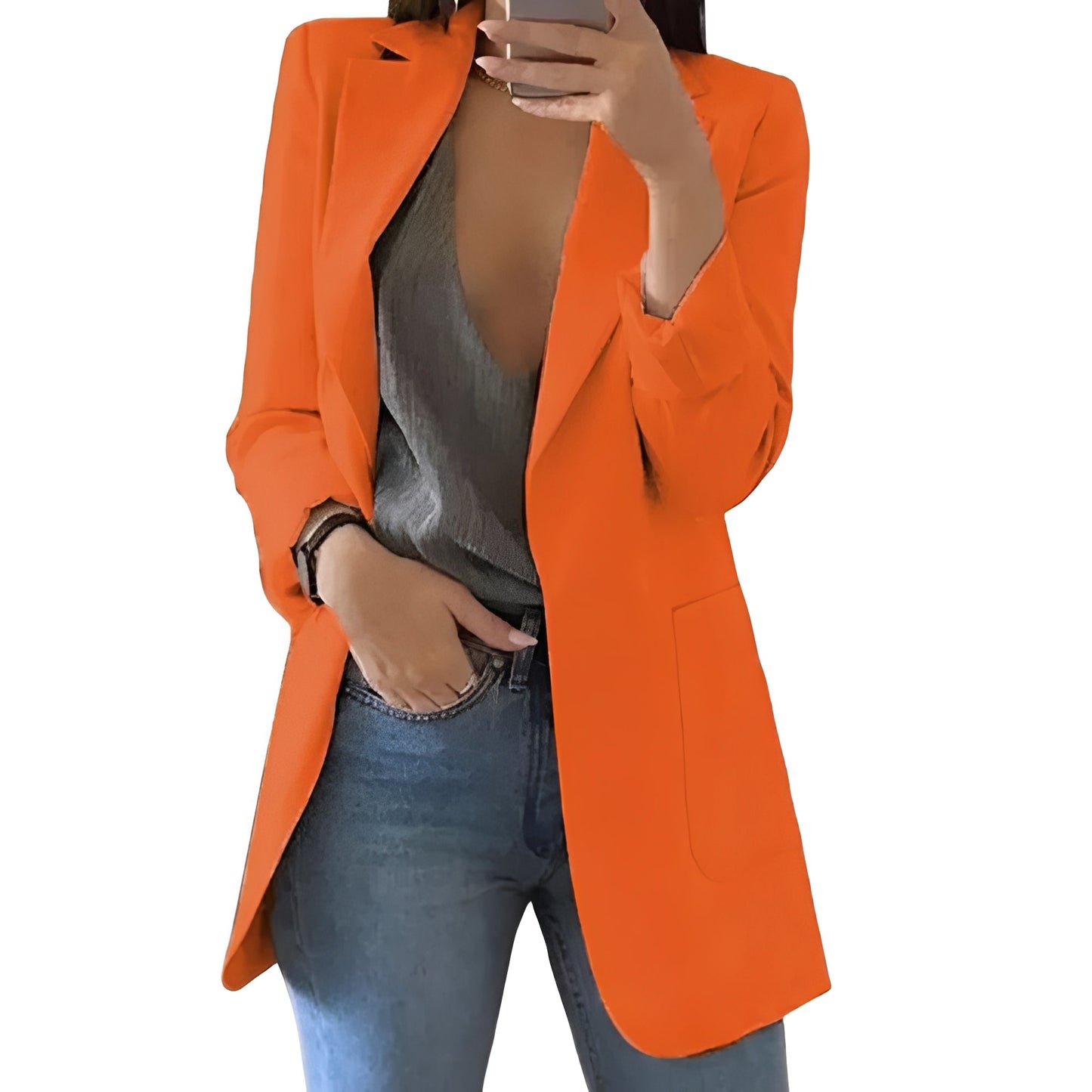 Hip-Length Open Front Wool Blazer Jacket