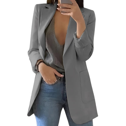 Hip-Length Open Front Wool Blazer Jacket