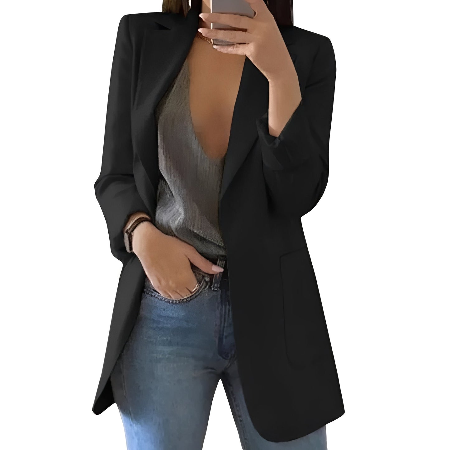 Hip-Length Open Front Wool Blazer Jacket