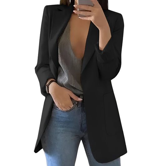 Hip-Length Open Front Wool Blazer Jacket