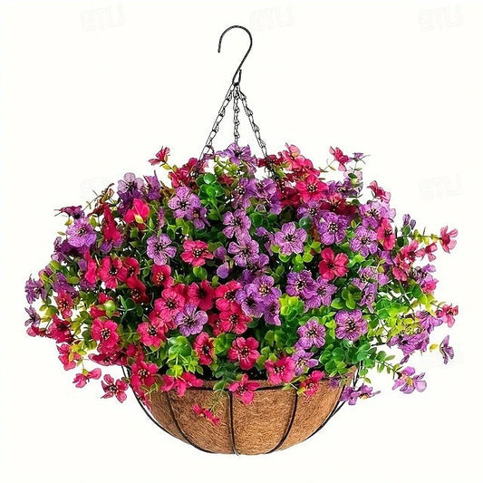 Artificial Hanging Flower Basket with Pre-arranged Flowers and All-Weather Design