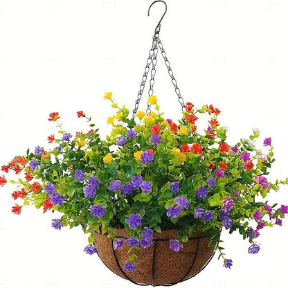 Artificial Hanging Flower Basket with Pre-arranged Flowers and All-Weather Design