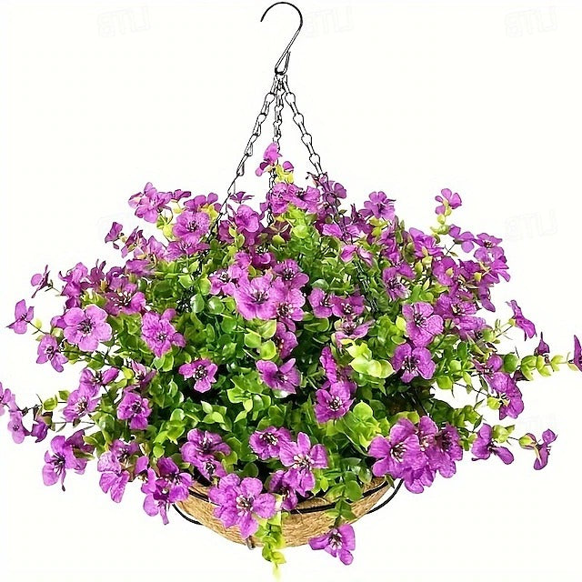Artificial Hanging Flower Basket with Pre-arranged Flowers and All-Weather Design