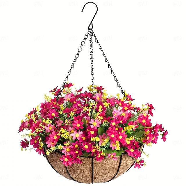 Artificial Hanging Flower Basket with Pre-arranged Flowers and All-Weather Design