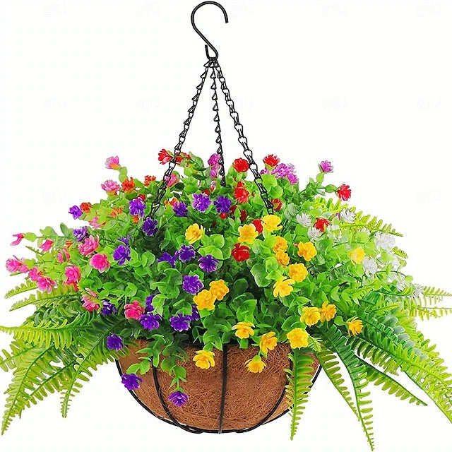 Artificial Hanging Flower Basket with Pre-arranged Flowers and All-Weather Design