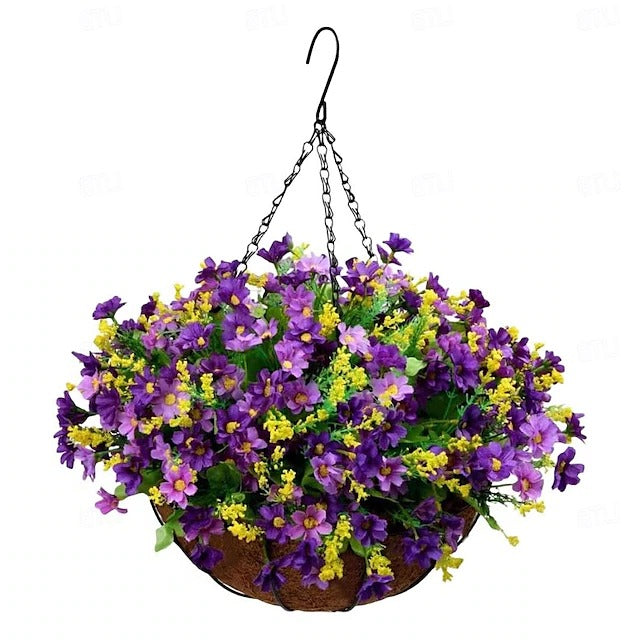 Artificial Hanging Flower Basket with Pre-arranged Flowers and All-Weather Design
