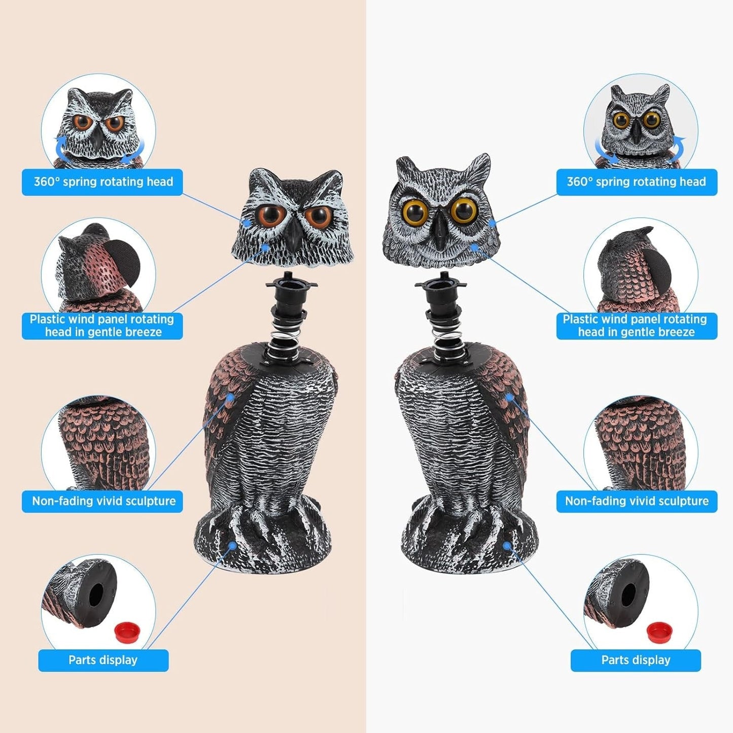 Owl Bird Deterrent Decoy with Wind-Activated Rotating Head, Set of 2
