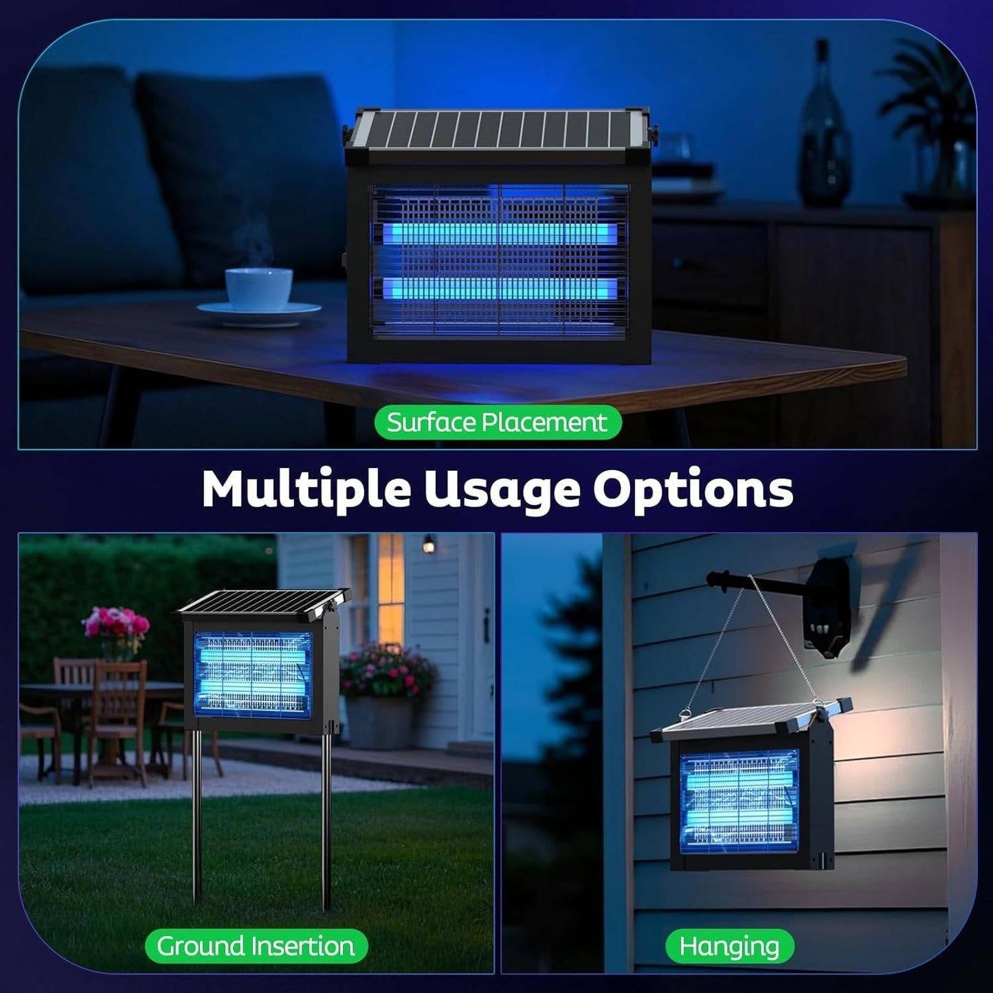 Solar Mosquito Zapper with 4500V Electric Grid and Auto Dusk Activation, 3500 Sq.ft Coverage