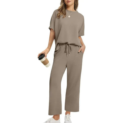 Women's Two Piece Lounge Set with Dropped Shoulder Top and Wide Leg Pants