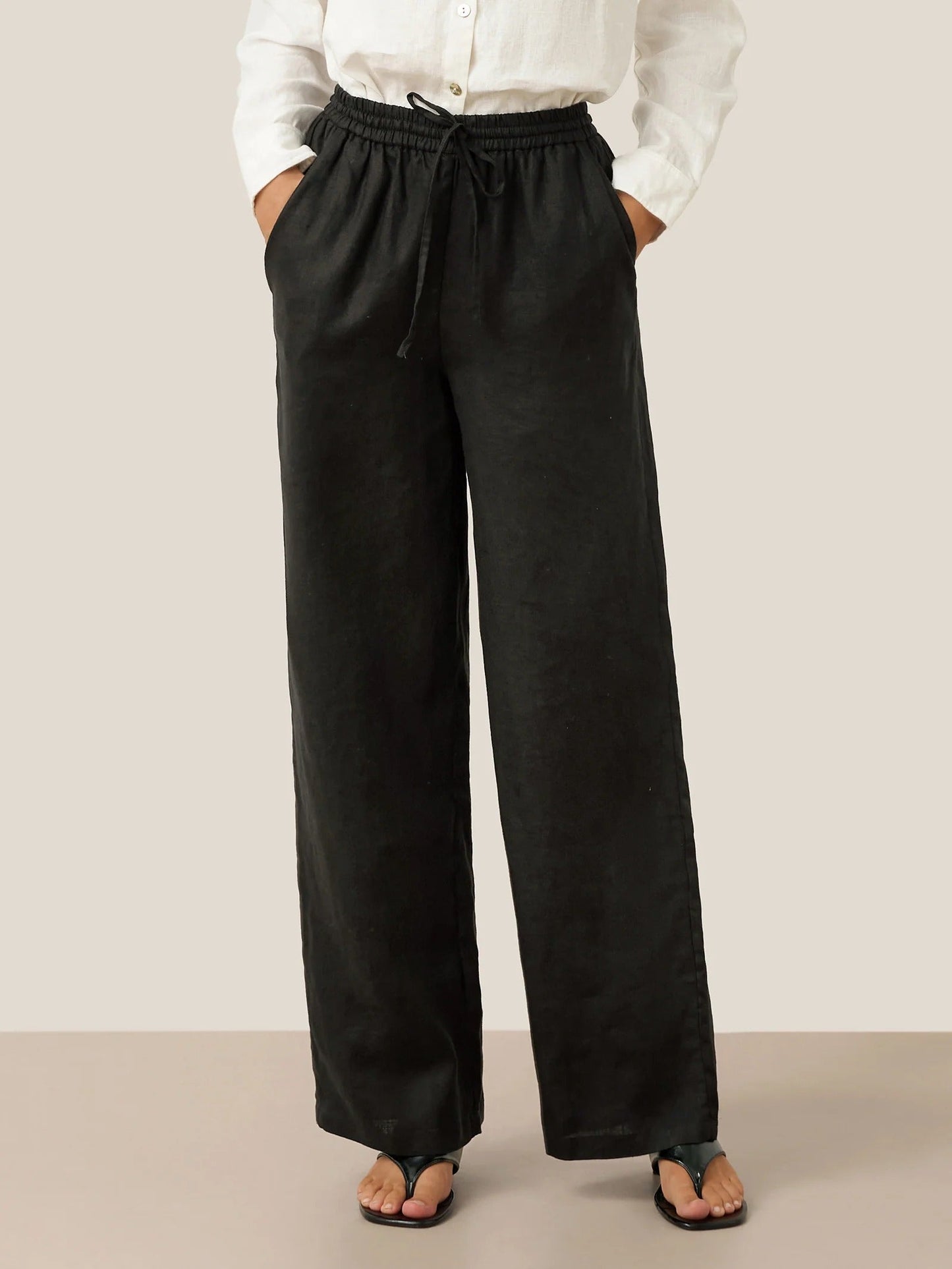 Women's Wide Leg Linen Pants with Elastic Drawstring and Side Pockets