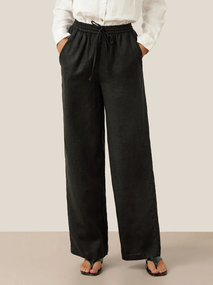 Women's Wide Leg Linen Pants with Elastic Drawstring and Side Pockets