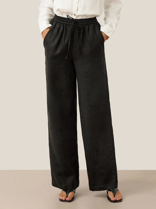 Women's Wide Leg Linen Pants with Elastic Drawstring and Side Pockets