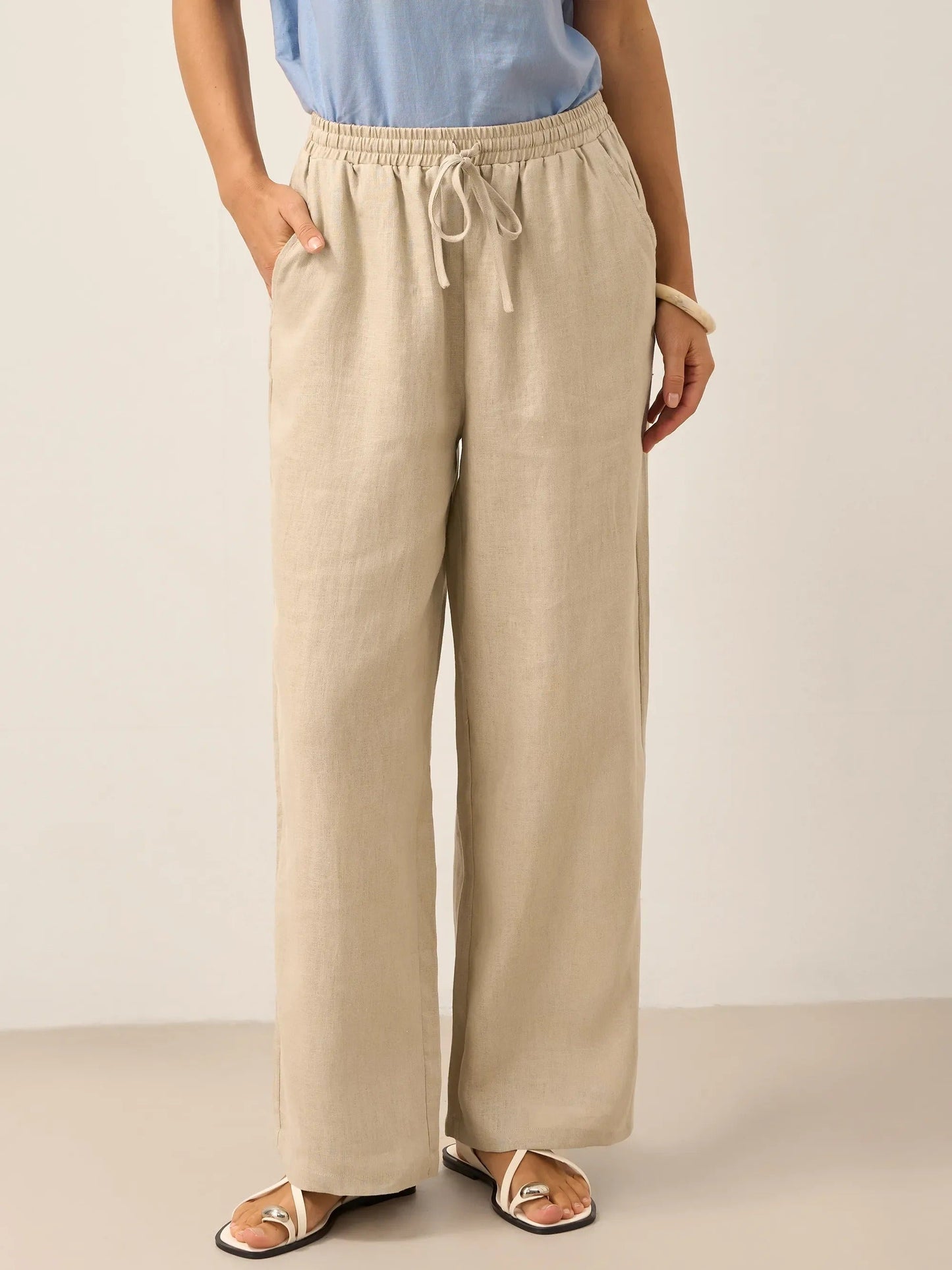 Women's Wide Leg Linen Pants with Elastic Drawstring and Side Pockets