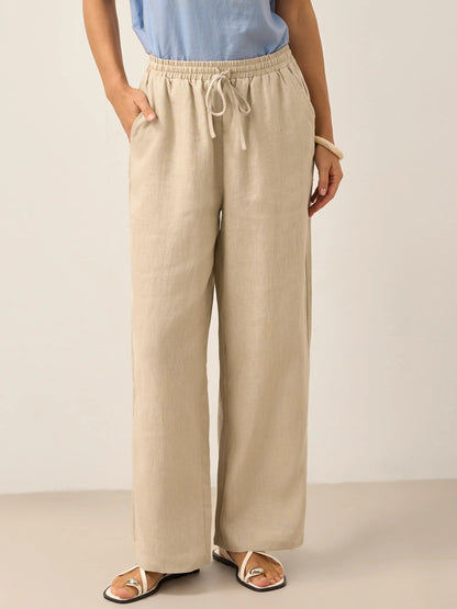 Women's Wide Leg Linen Pants with Elastic Drawstring and Side Pockets