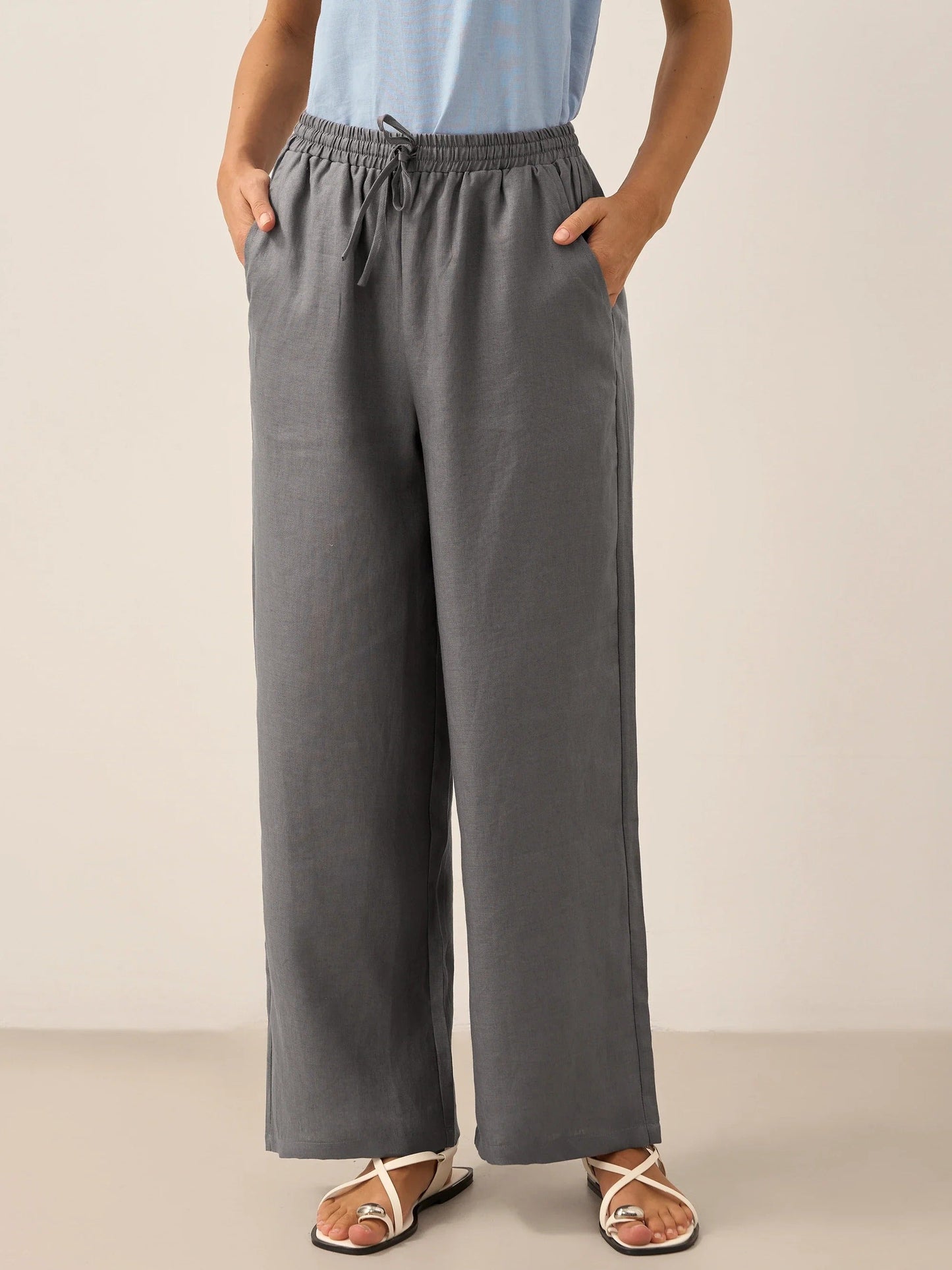 Women's Wide Leg Linen Pants with Elastic Drawstring and Side Pockets