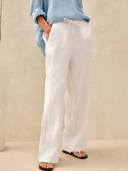 Women's Wide Leg Linen Pants with Elastic Drawstring and Side Pockets