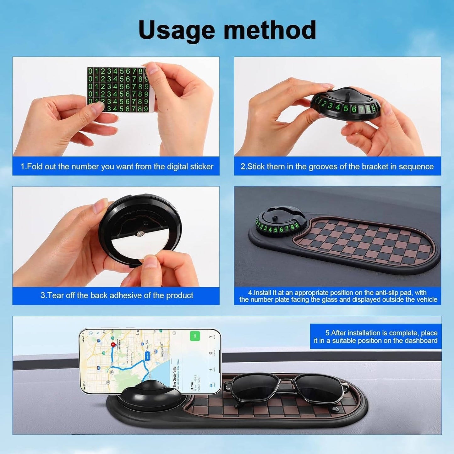 Dashboard Car Phone Mount with Telescopic Spring Grip and Storage Compartments