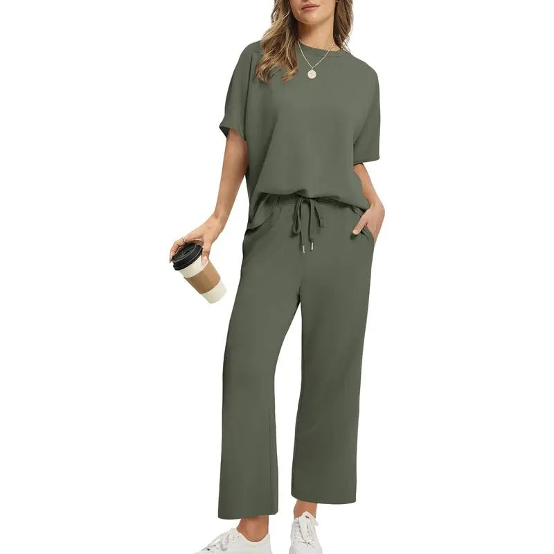Women's Two Piece Lounge Set with Dropped Shoulder Top and Wide Leg Pants
