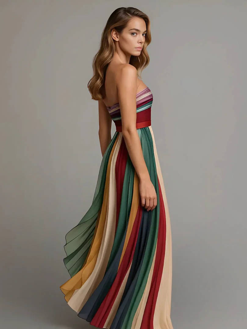 Floor Length Pleated Chiffon Dress with Internal Boning Support