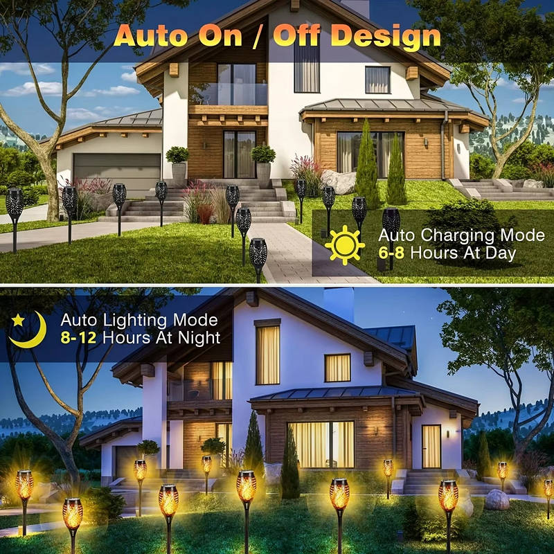 Solar Tiki Torch Lights with Flickering Flame Effect and Auto Sensor, 12 Pack