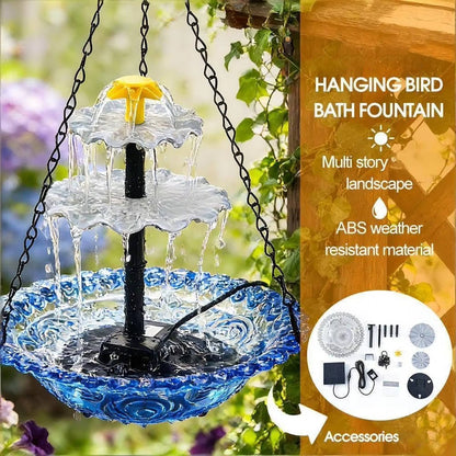 Solar Bird Bath Fountain with Two-Tier Cascade and Hanging Chains for Gardens
