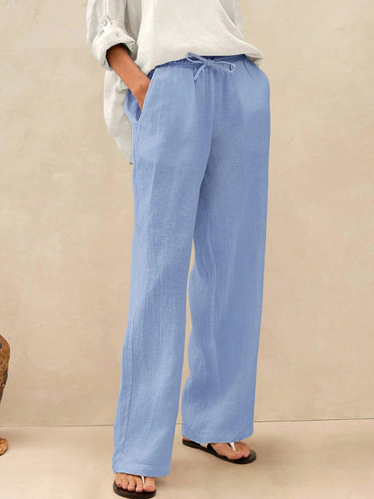 Women's Wide Leg Linen Pants with Elastic Drawstring and Side Pockets