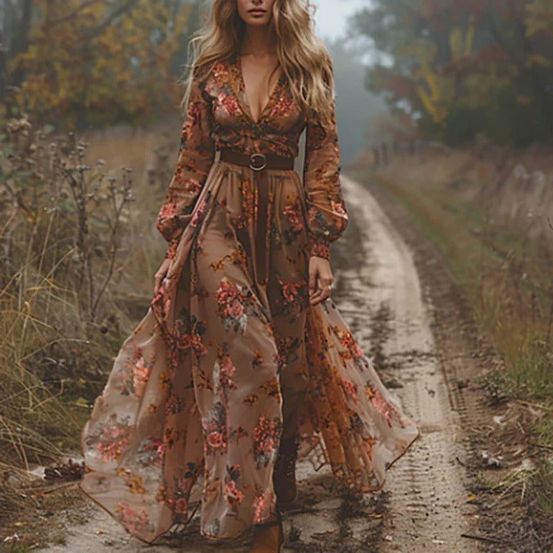 Tiered Chiffon Maxi Dress with Hand Embroidered Floral Details and Elastic Waistband